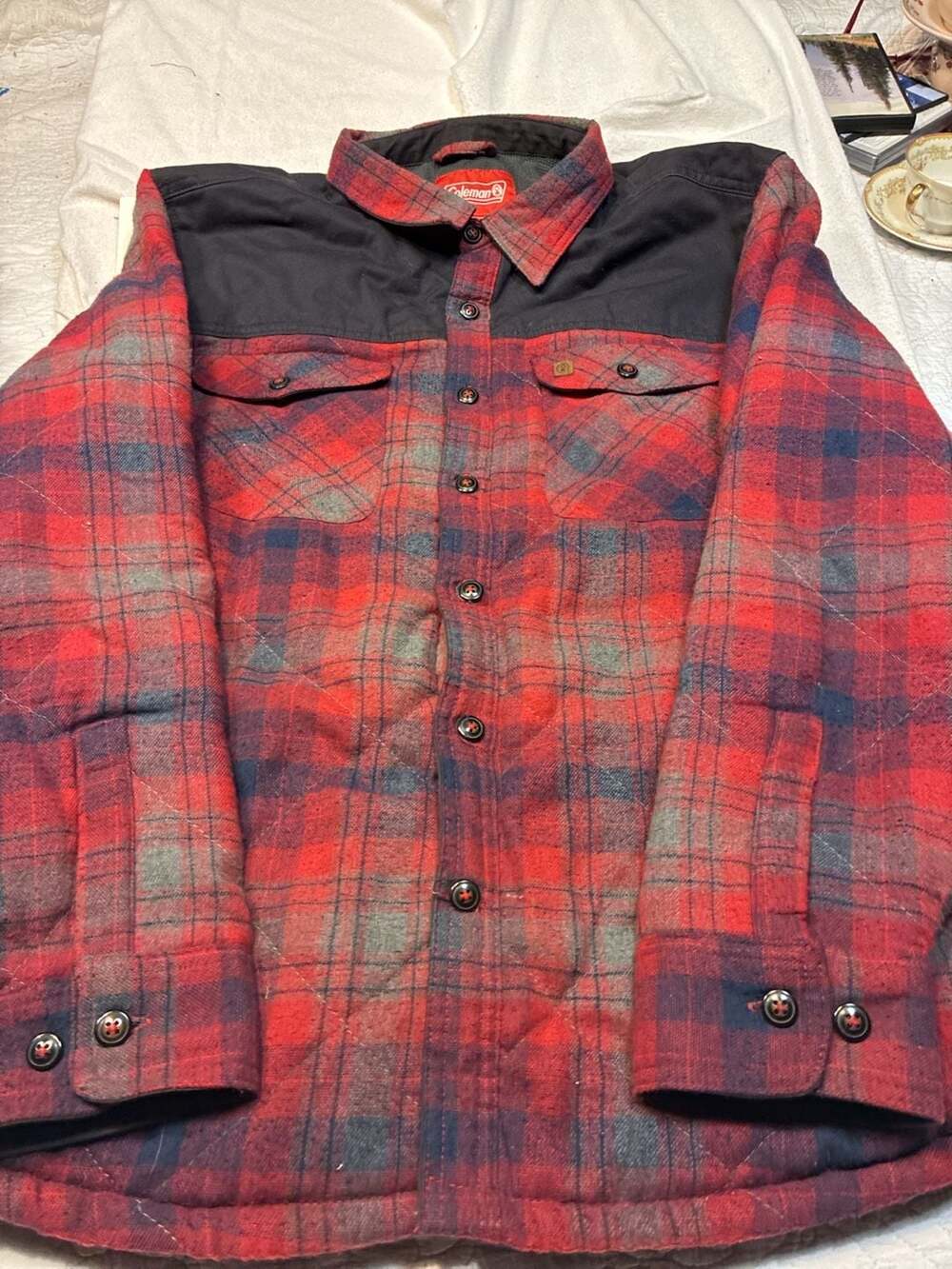 Coleman Quilted Lined Plaid Flannel Shirt Jacket Red Black XL